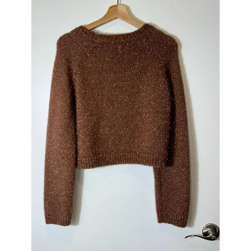 MIOU MUSE Womens Glitter Knit Crop Sweater  Size Large Broqn